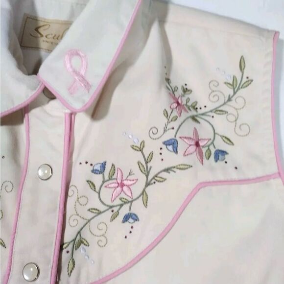 Scully Ivory Pink Floral Embroidered Breast Cancer Ribbon Western Pearl Snap L - Picture 3 of 8